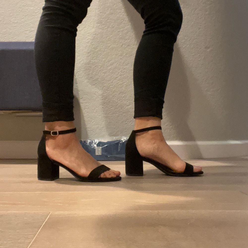 Black suede 2” block heel ankle strap heels